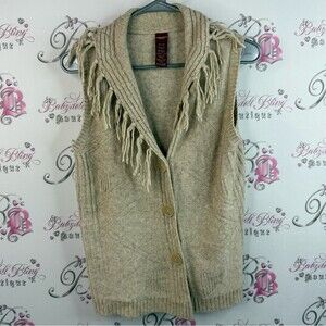 Olsen Europe button up tank top vest tassel knit Fringed Tan Sweater Vest